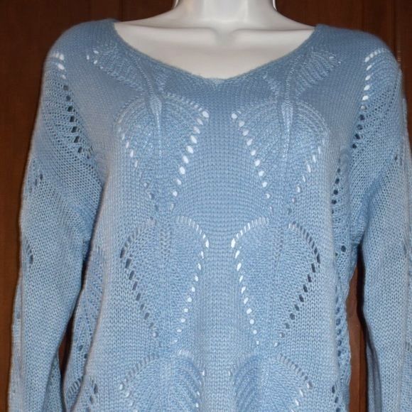 Women’s Light Blue Open Knit Sweater Size Small V Neck Lightweight Sheer - Picture 2 of 12